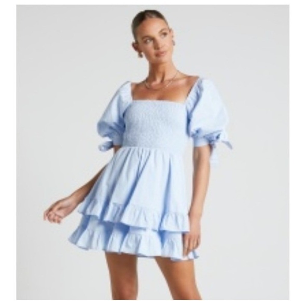 Showpo Chelle Shirred Mini Dress Tie Sleeve 8 Ice Blue Smocked Ruffle Cotton